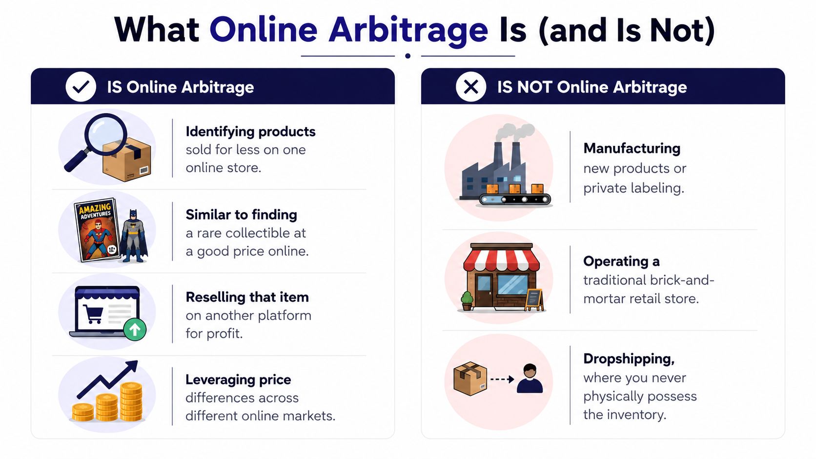 An infographic defining online arbitrage by listing its characteristics compared to what is not online arbitrage.