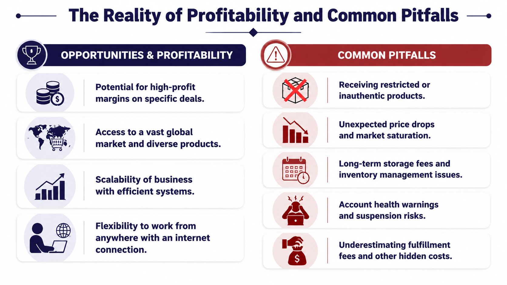 A comparison infographic showing the potential opportunities and common risks associated with online arbitrage business models.
