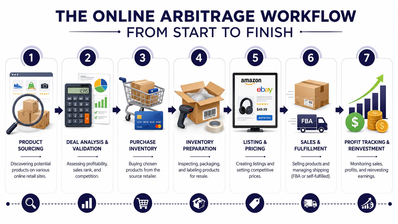 A seven-step infographic explaining the online arbitrage workflow from product sourcing to profit tracking and reinvestment.