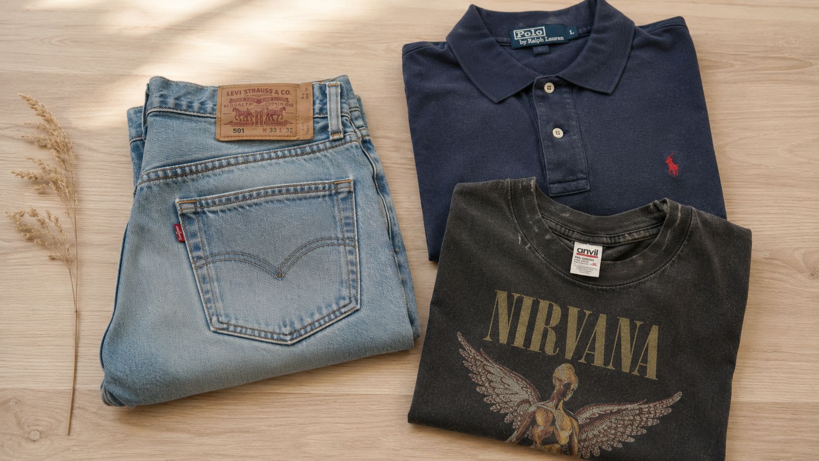 A flat lay of vintage clothing items including Levi's jeans, a Polo Ralph Lauren shirt, and Nirvana shirt.