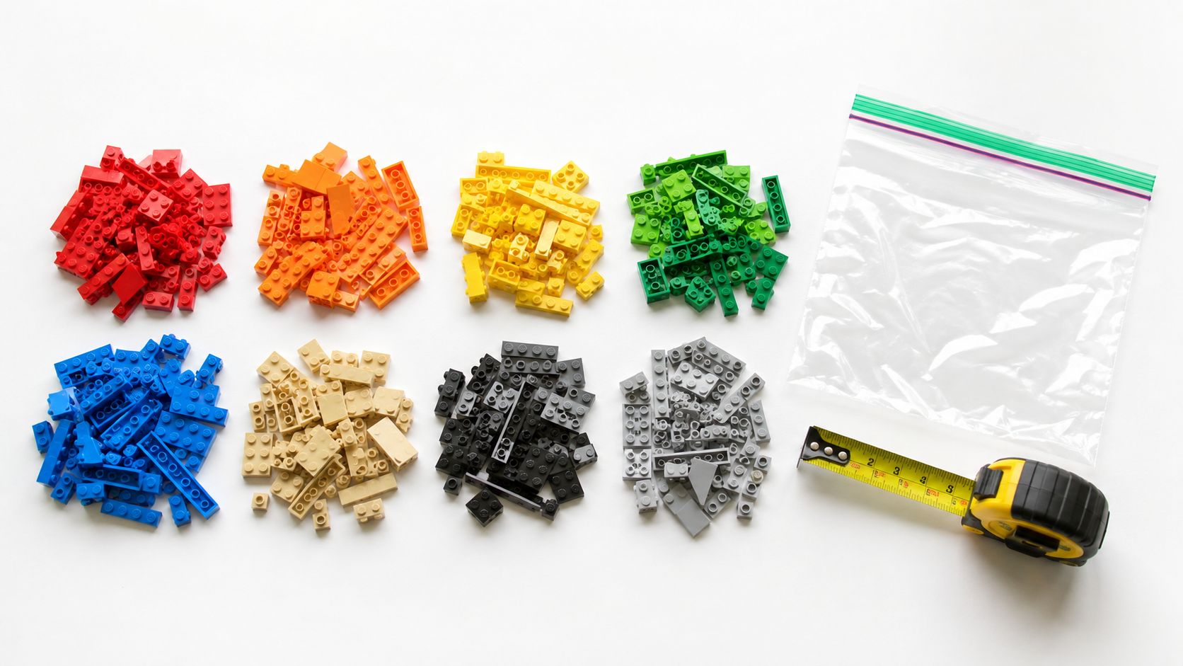 An overhead view of organized piles of assorted colorful plastic toy building bricks near a storage bag.