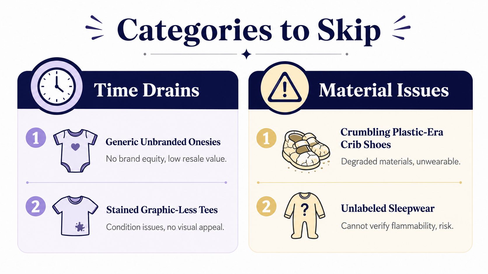 A graphic titled Categories to Skip, listing baby clothing items to avoid selling like generic onesies and items with material issues.