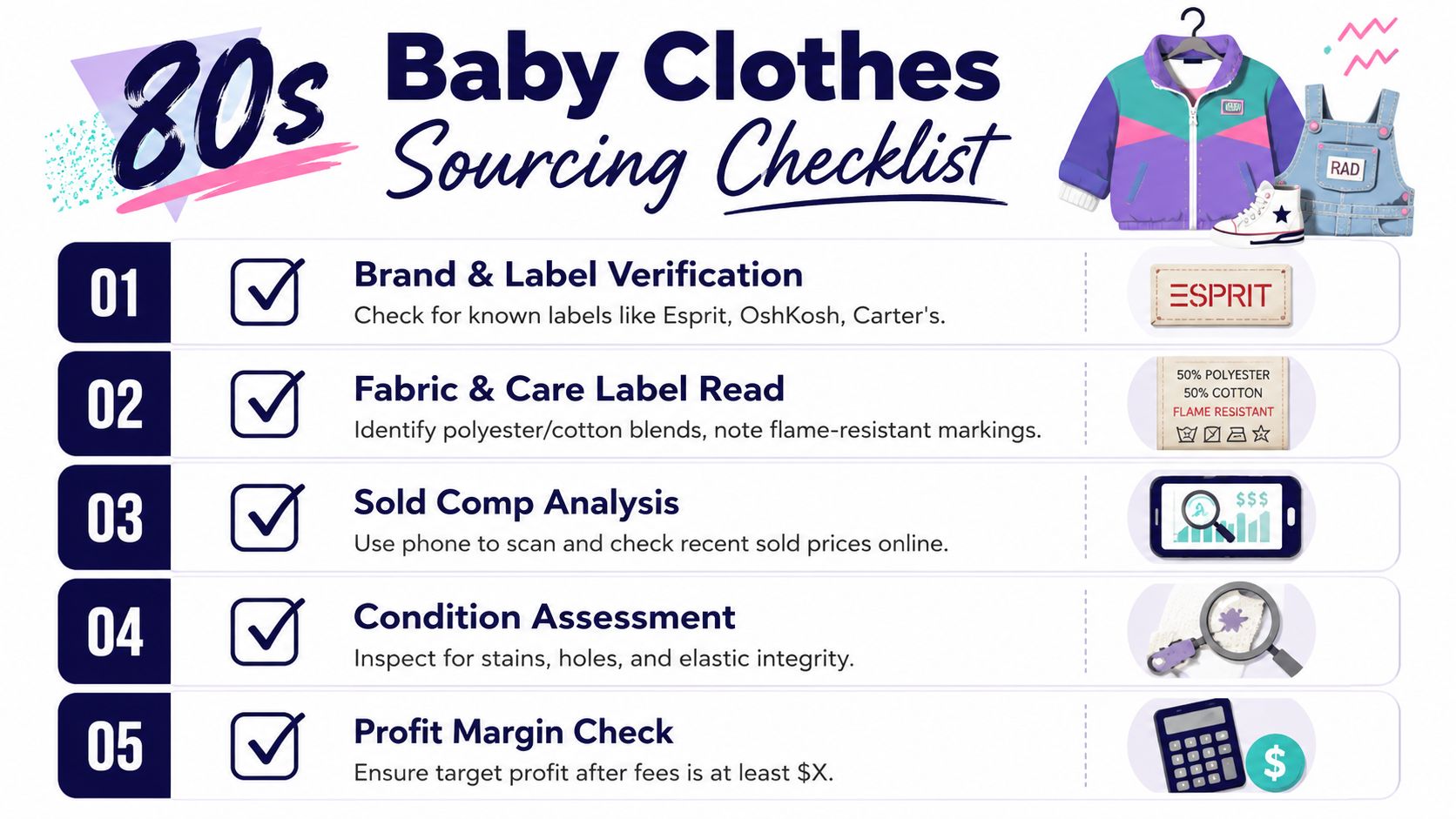 A five-step checklist infographic for sourcing vintage 80s baby clothes including brand verification and condition assessments.