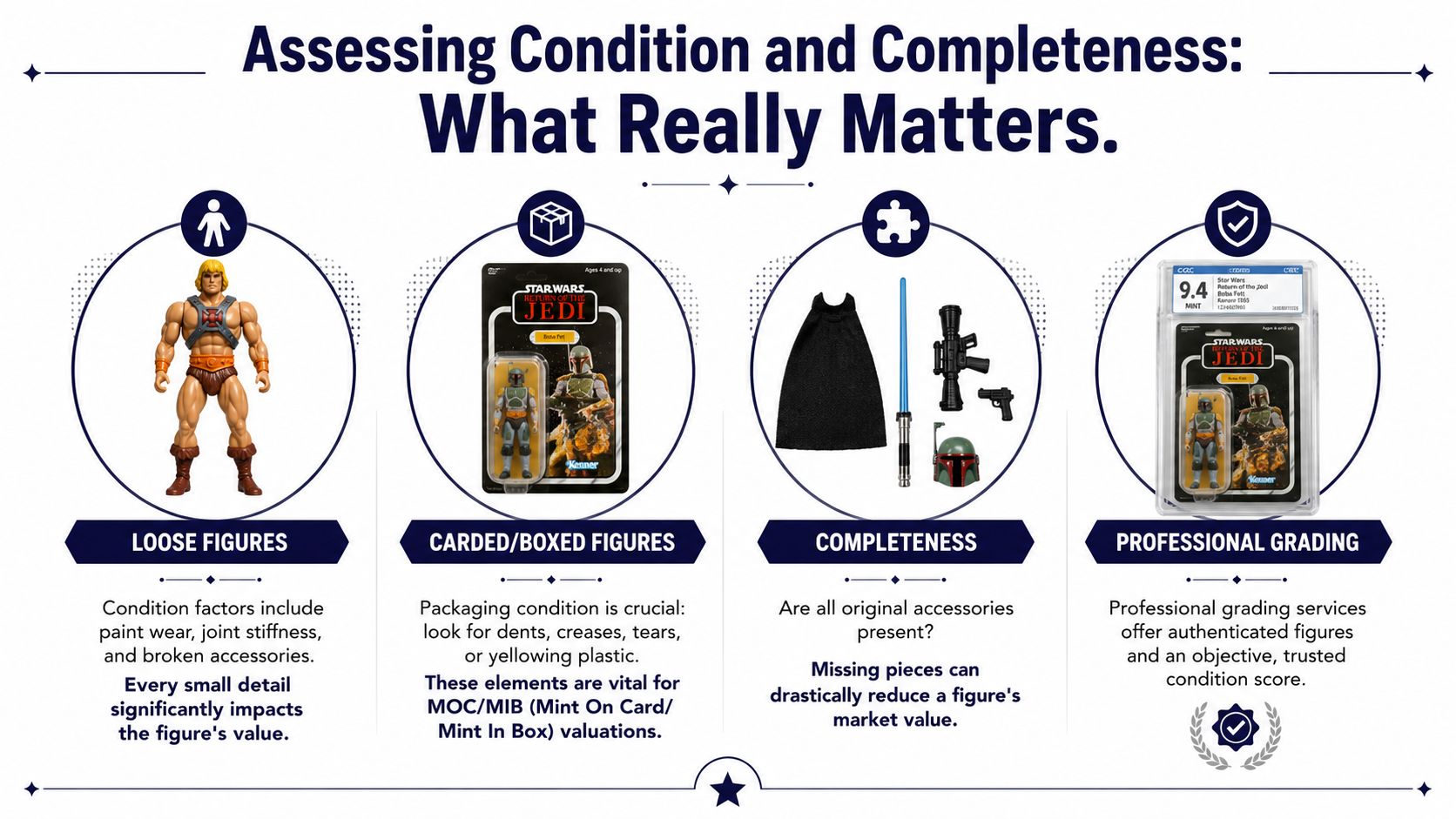 An infographic titled Assessing Condition and Completeness explaining factors that affect the market value of collectible action figures.
