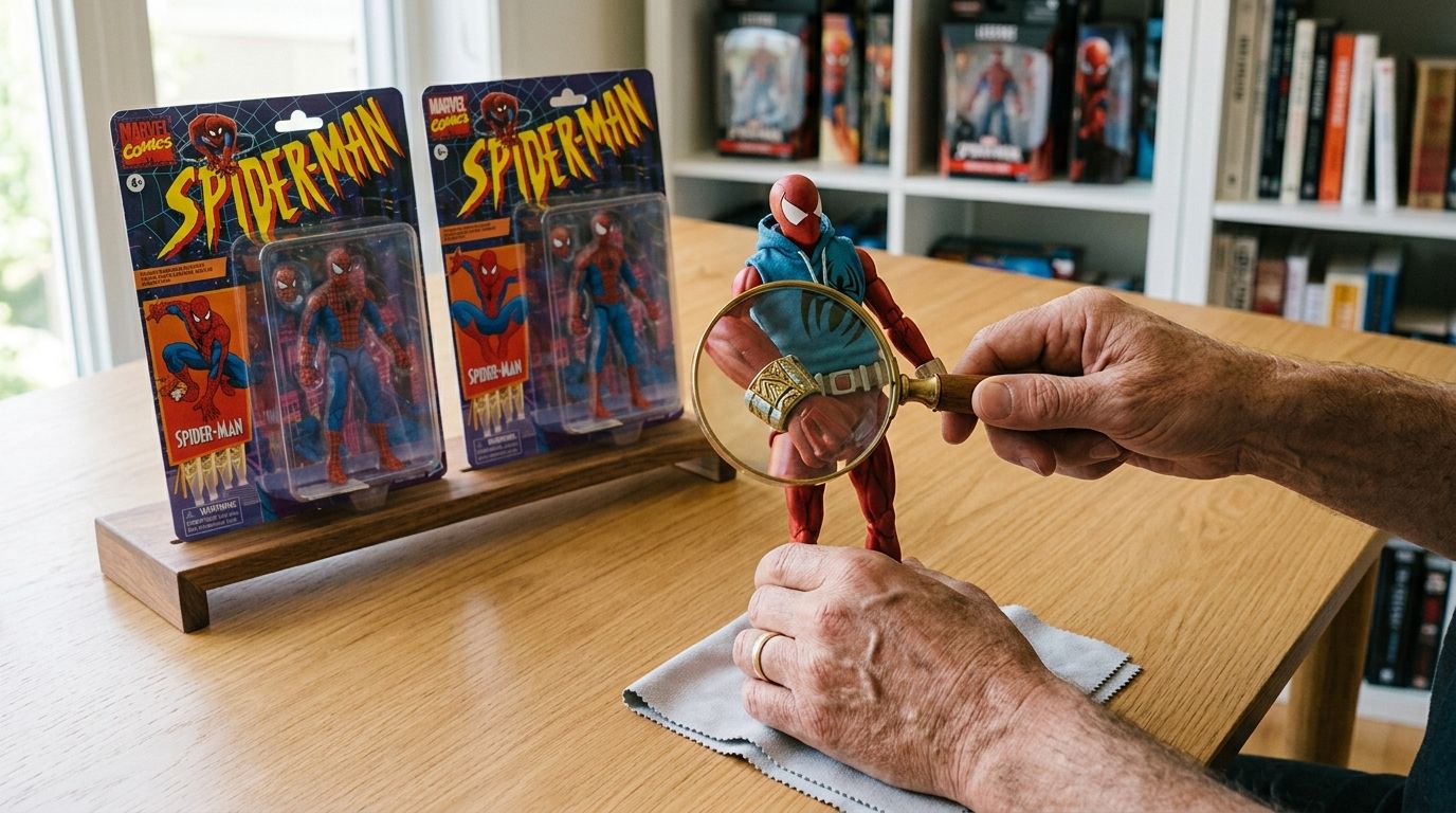 A person using a magnifying glass to inspect the details of a collectible Spiderman action figure.