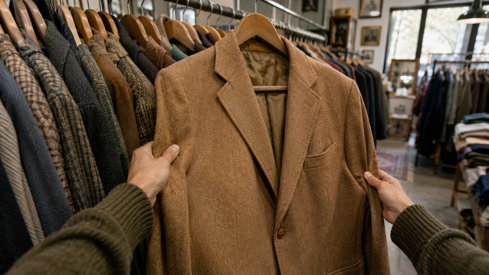 A first-person perspective of a person shopping for a brown wool blazer in a vintage clothing store.
