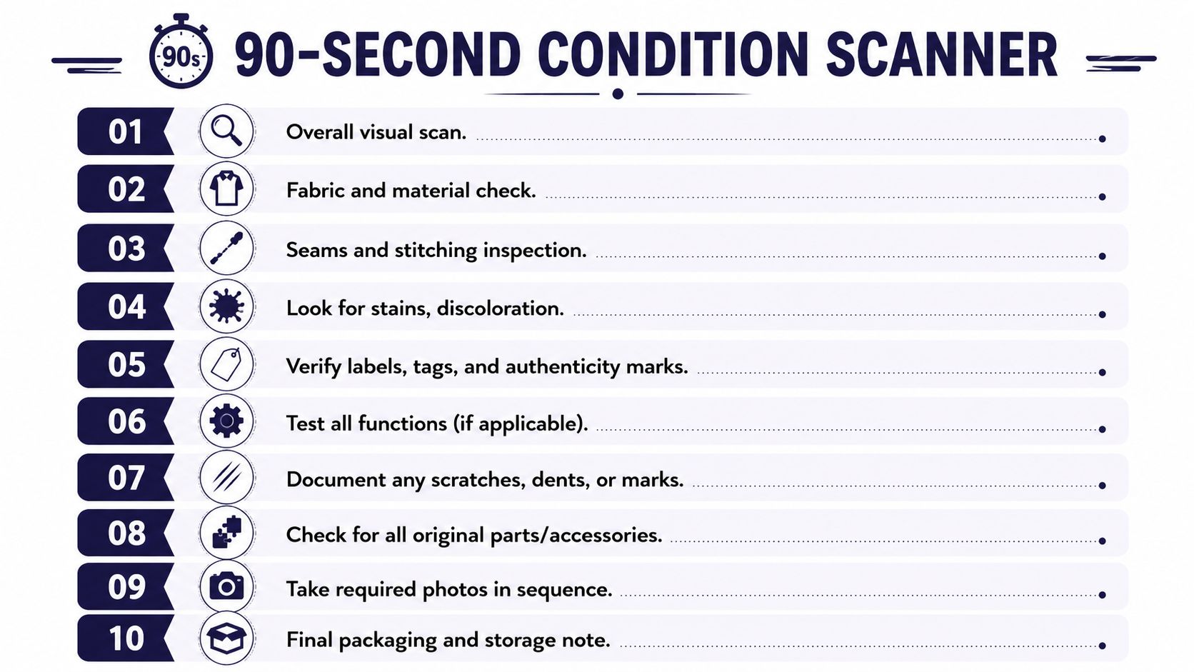 A 90-second condition scanner infographic displaying ten essential steps for inspecting items, ranging from visual inspection to storage.