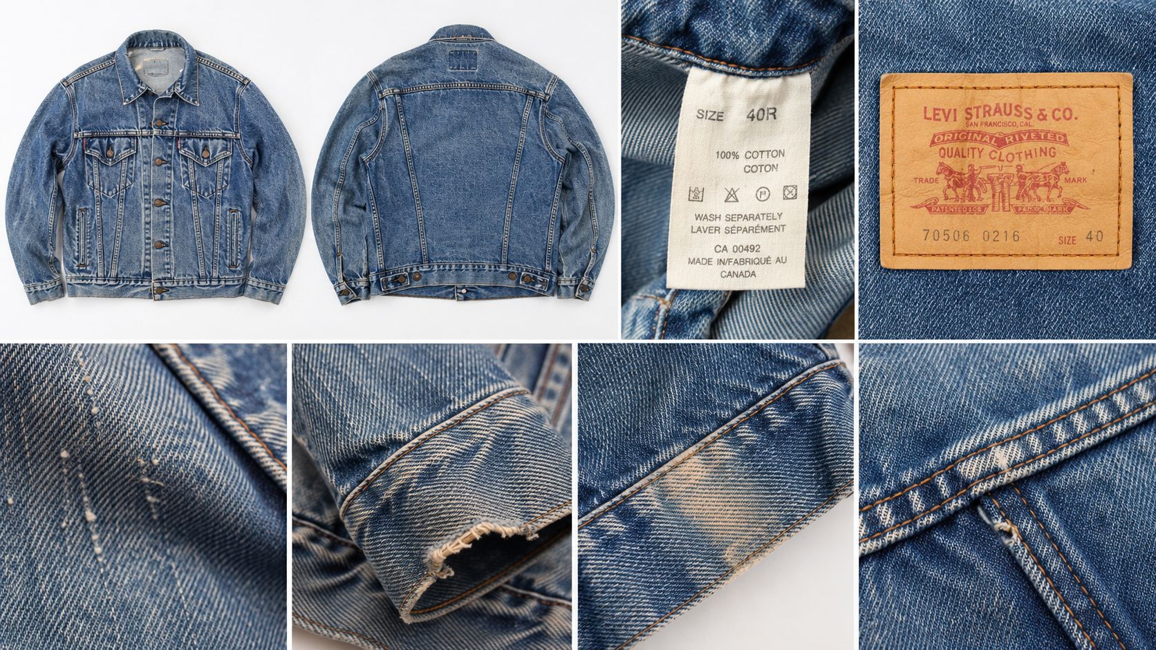 A vintage Levi's denim jacket showing various close-up details including the size tag, brand label, and wear marks.