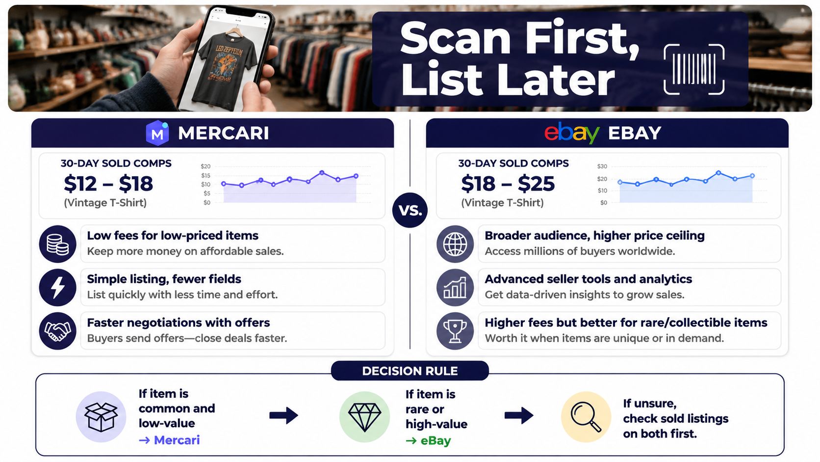 A comparison infographic showing Mercari versus eBay for selling vintage items, including features and decision rules.