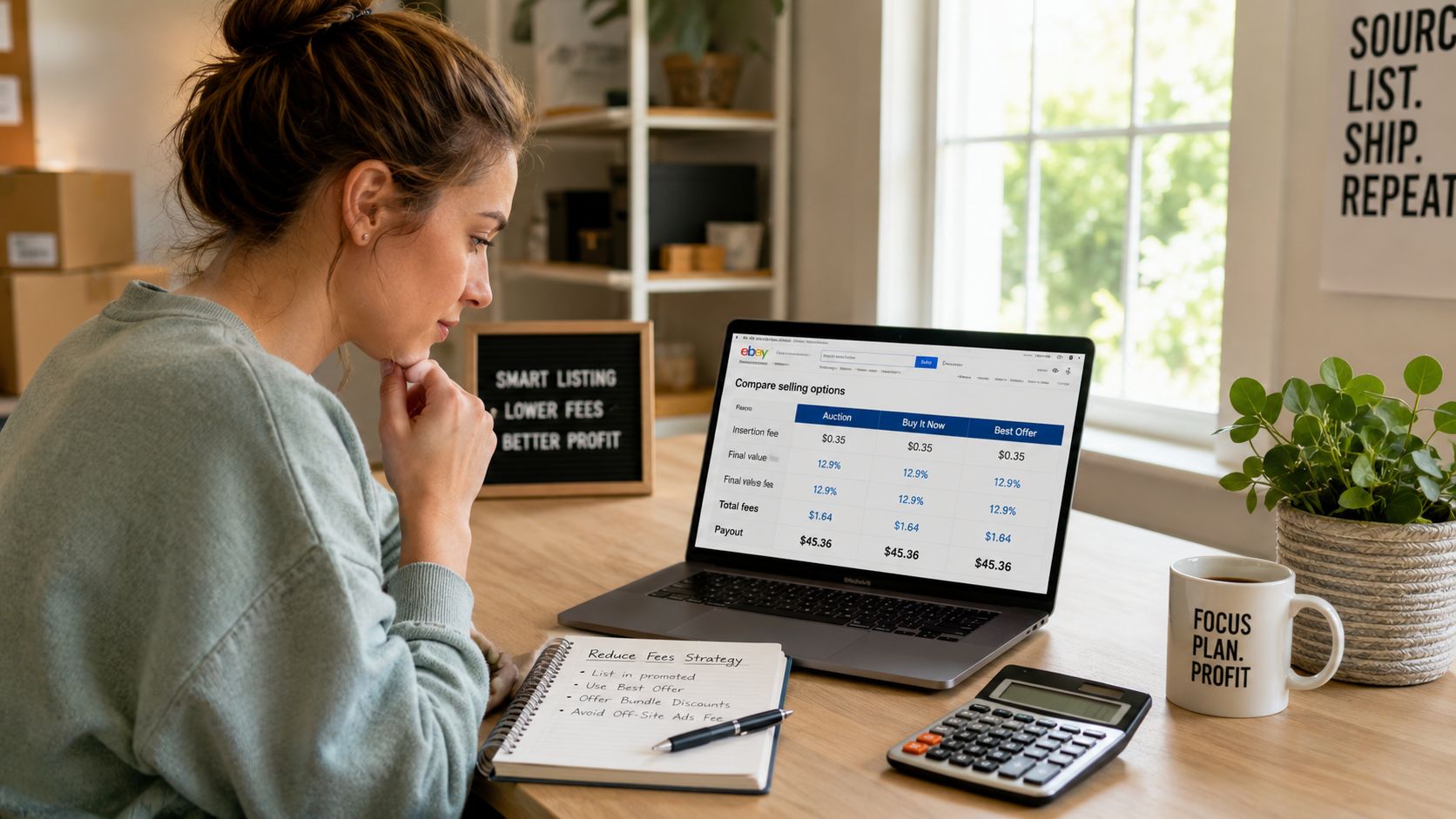 A woman looks at her laptop reviewing eBay selling fee comparisons to optimize her business profits.