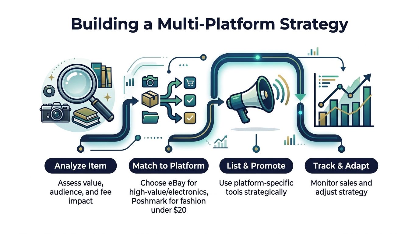 A diagram illustrating a four-step multi-platform strategy for online selling including analysis, platform matching, promotion, and adaptation.
