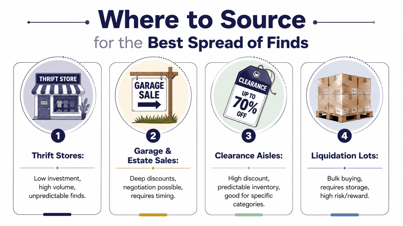 An infographic detailing four primary sources for retail arbitrage including thrift stores, garage sales, clearance aisles, and liquidation lots.