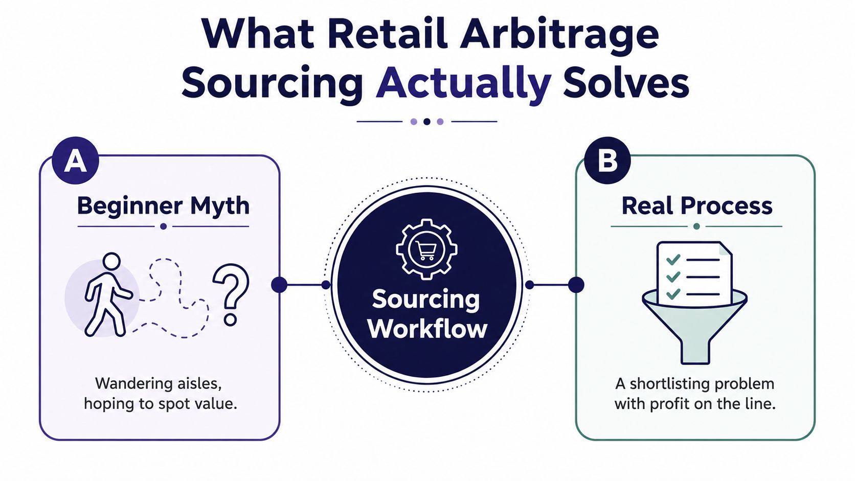 A diagram comparing the misconception of wandering aisles to the reality of a strategic retail arbitrage sourcing workflow.