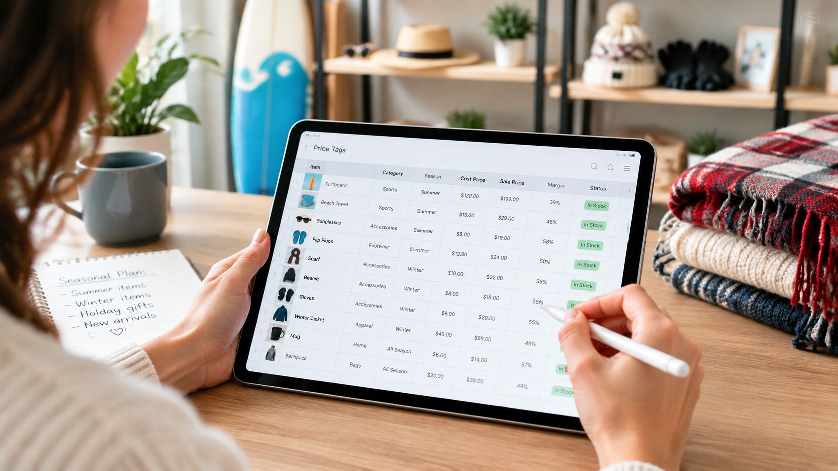A person using a stylus on a tablet screen showing a seasonal retail price tag spreadsheet.