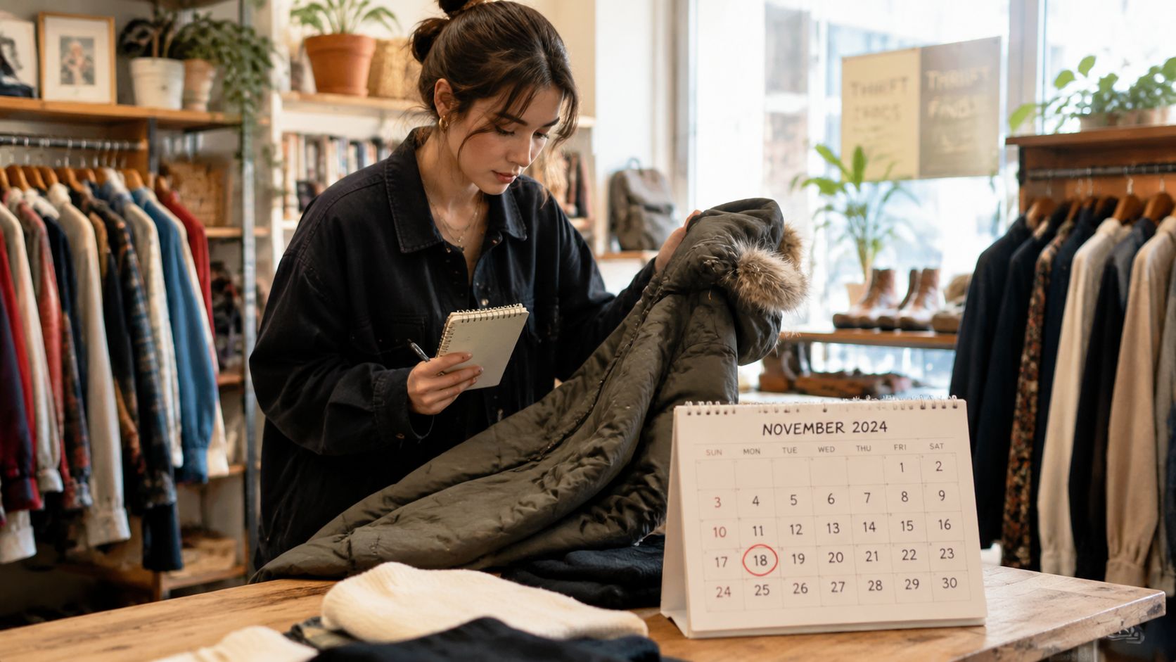 A store manager checks inventory and records prices in a shop filled with seasonal clothing and accessories.