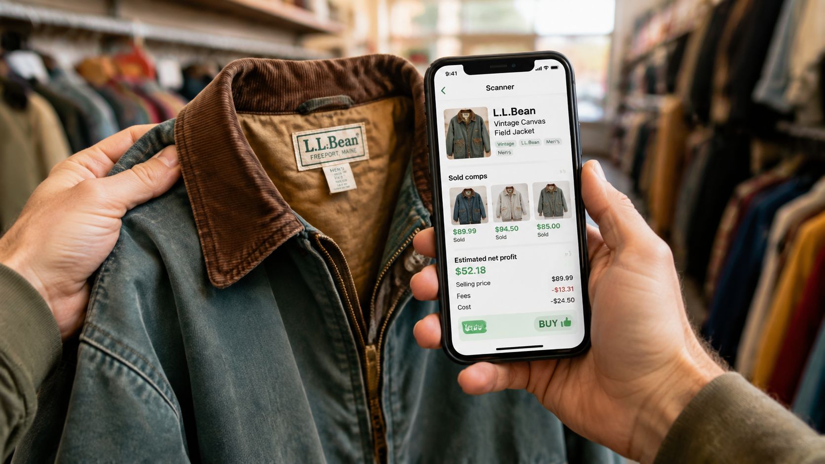 A person holds a vintage L.L. Bean field jacket while viewing its resale value on a smartphone app.