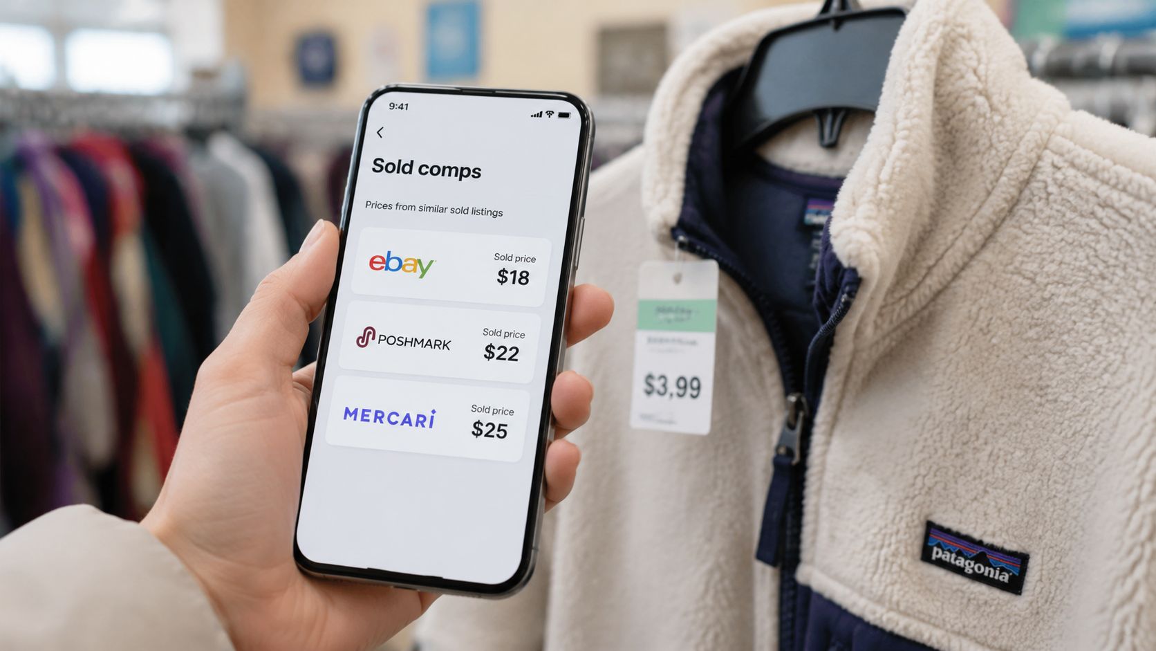 A hand holding a smartphone showing resale market prices next to a thrifted Patagonia fleece jacket.