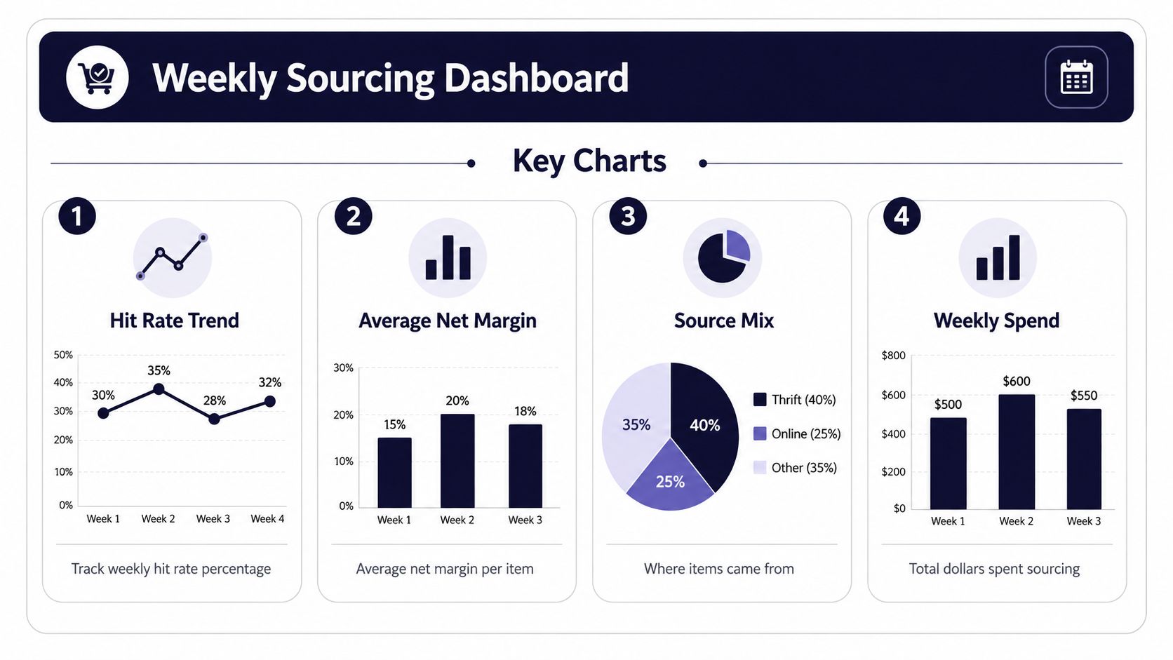 A weekly sourcing dashboard featuring four key charts tracking hit rate, net margin, source mix, and weekly spend.