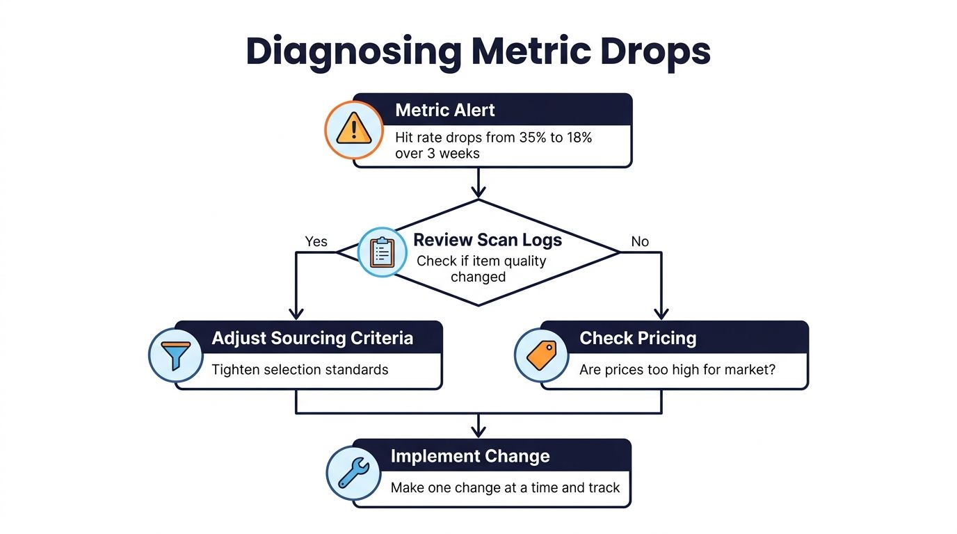 A flowchart explaining the process of diagnosing and fixing a decline in sourcing performance metrics.
