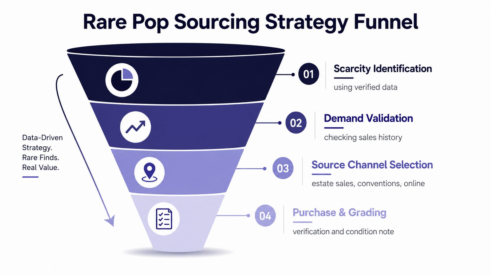 A diagram titled Rare Pop Sourcing Strategy Funnel outlining four key steps for acquiring valuable collectibles.