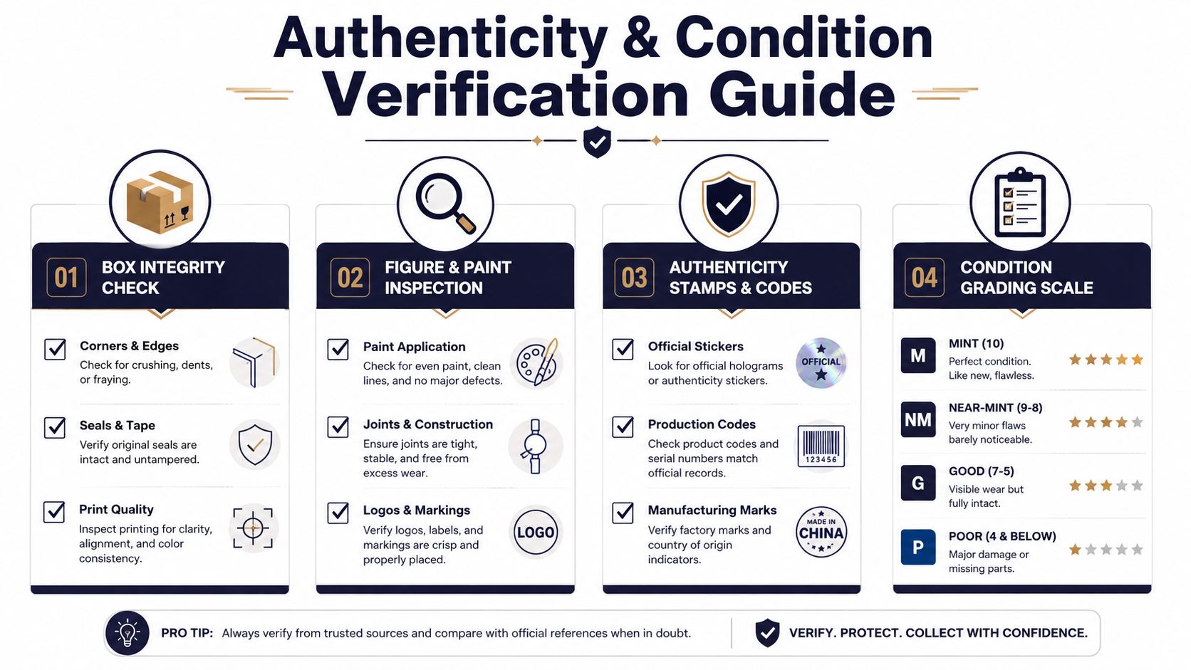 A comprehensive four-step infographic guide detailing how to verify the authenticity and condition of collectible figures.