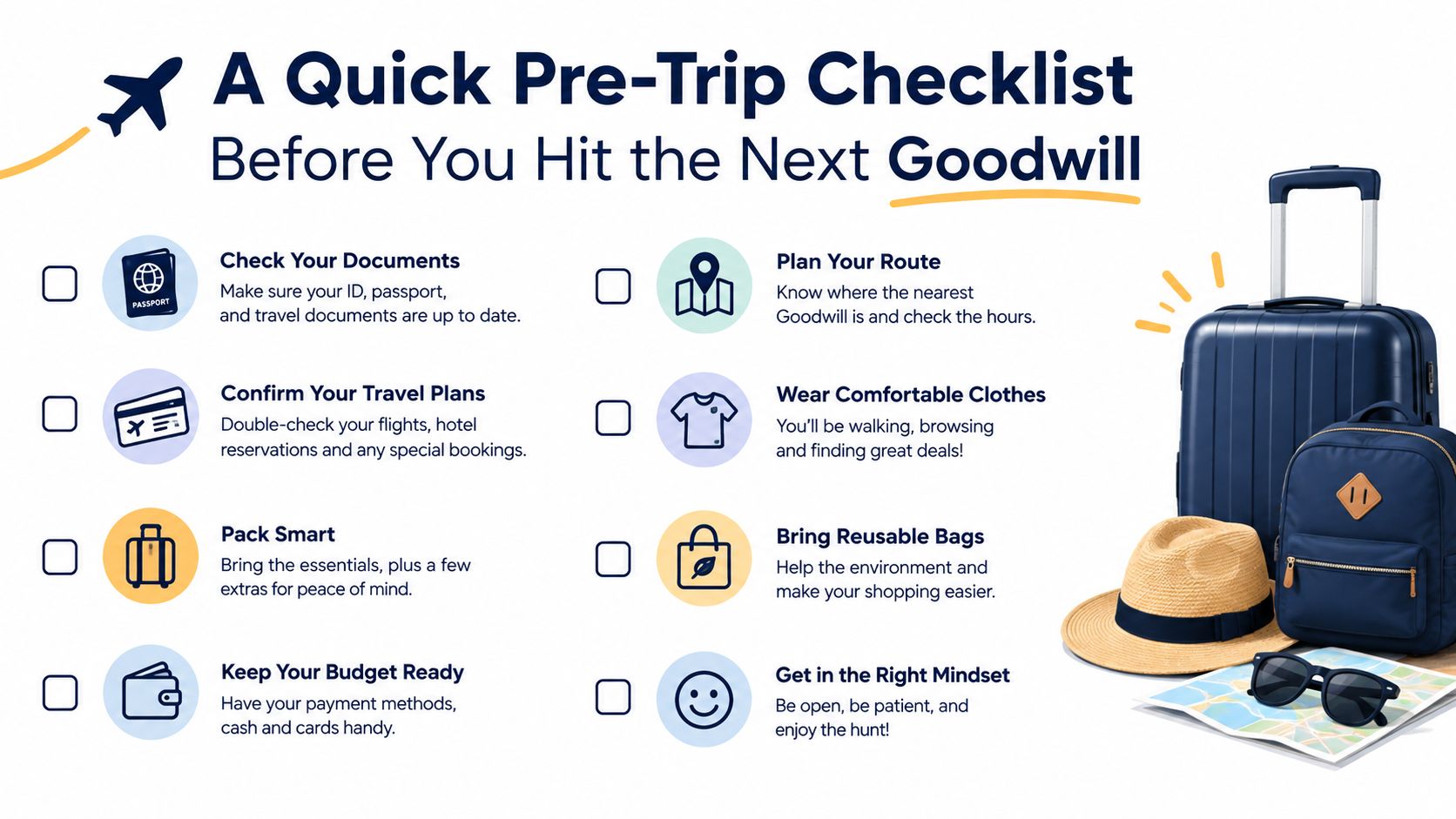 A travel-themed checklist infographic helping Goodwill shoppers prepare for their next shopping trip or journey.