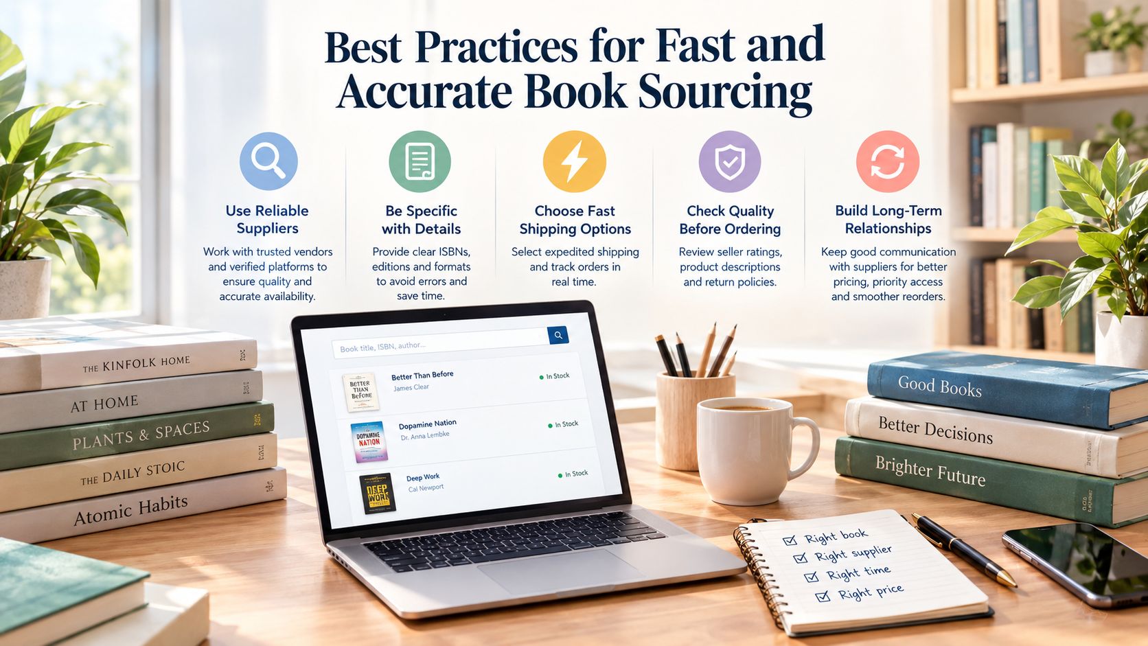 A professional workspace featuring a laptop, books, and a list of best practices for book sourcing.