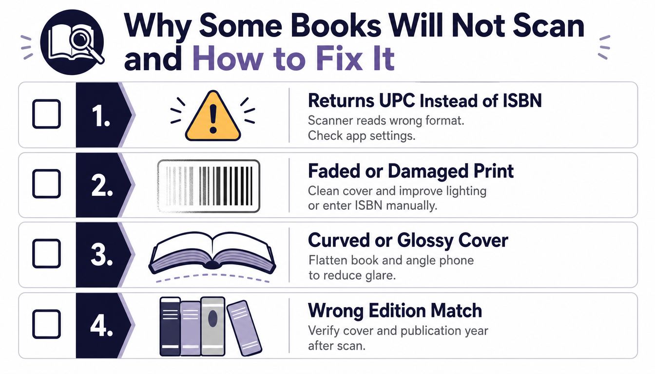 A guide listing four common reasons why book barcodes fail to scan and how to fix them.