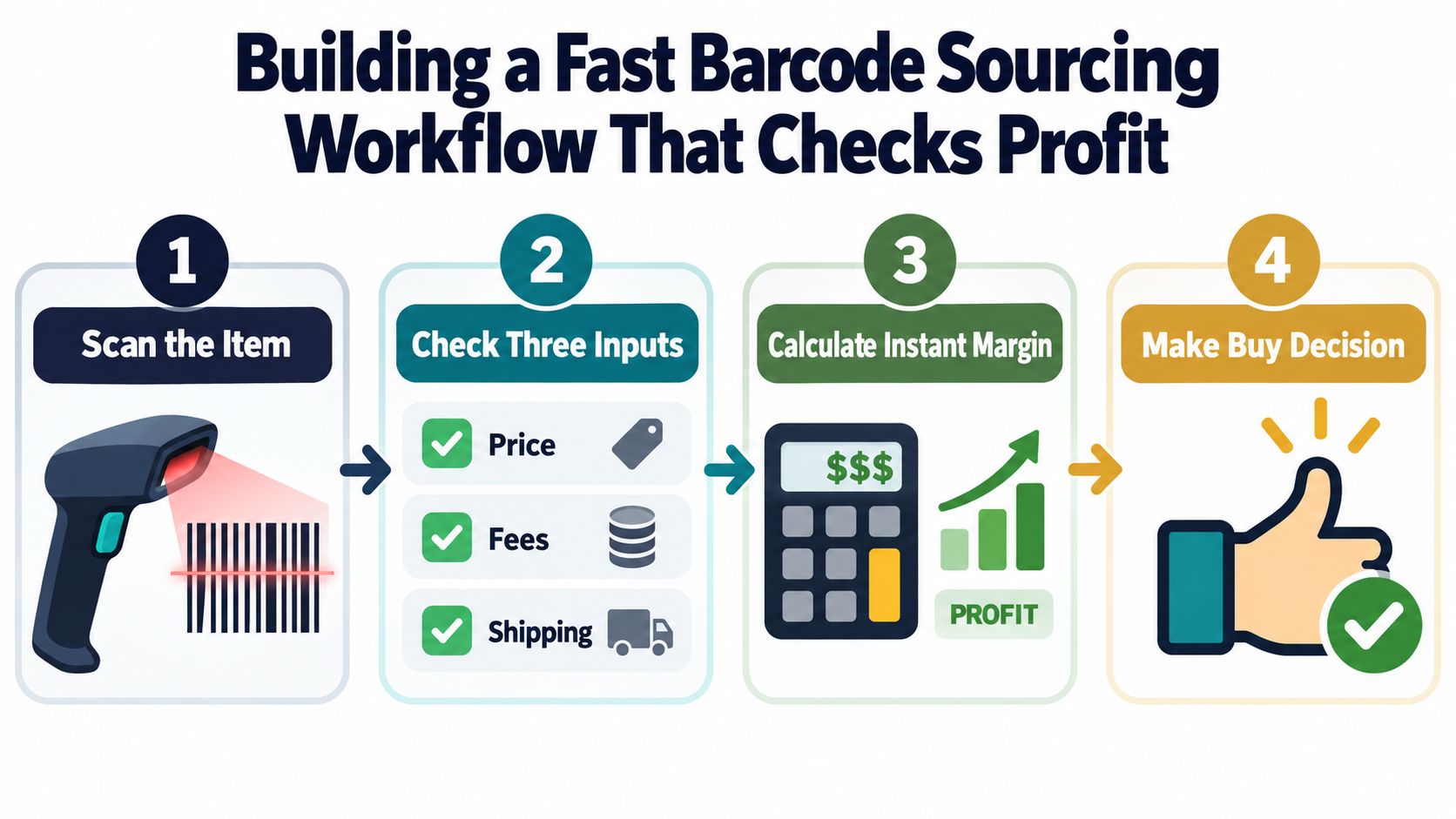A four-step infographic illustrating a fast barcode scanning workflow for resellers to calculate profit margins efficiently.