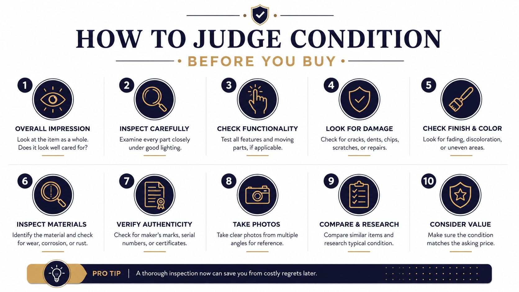 An infographic titled How to Judge Condition Before You Buy featuring ten numbered inspection steps for buyers.