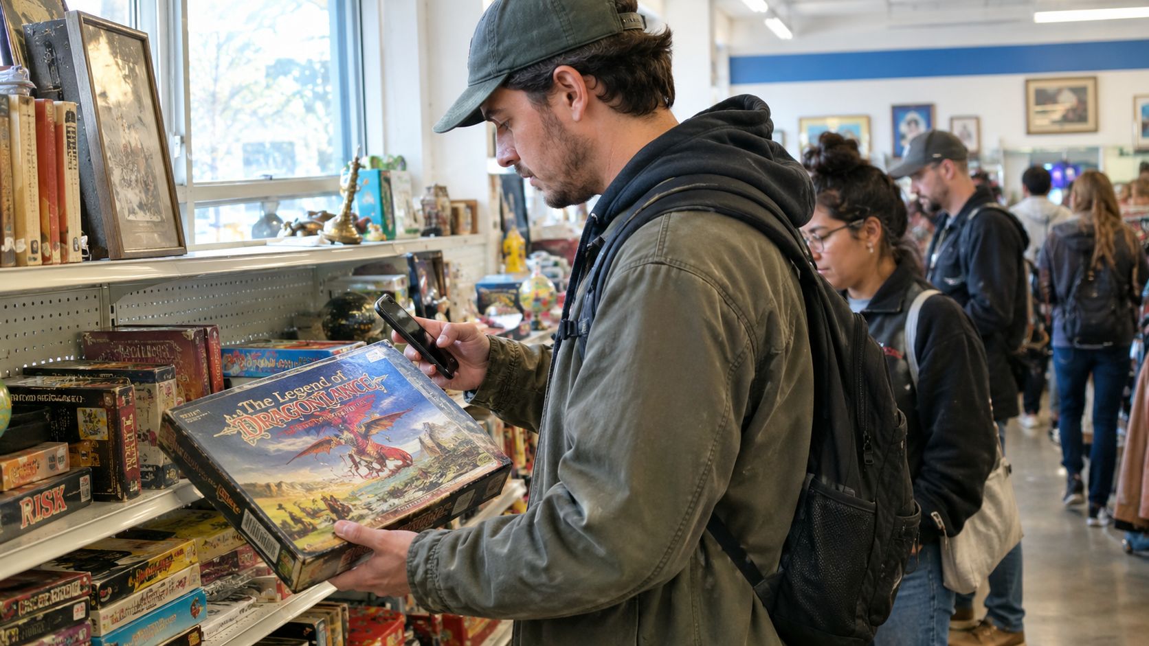 A man in a thrift store using his phone to scan a vintage Dragonlance board game box.