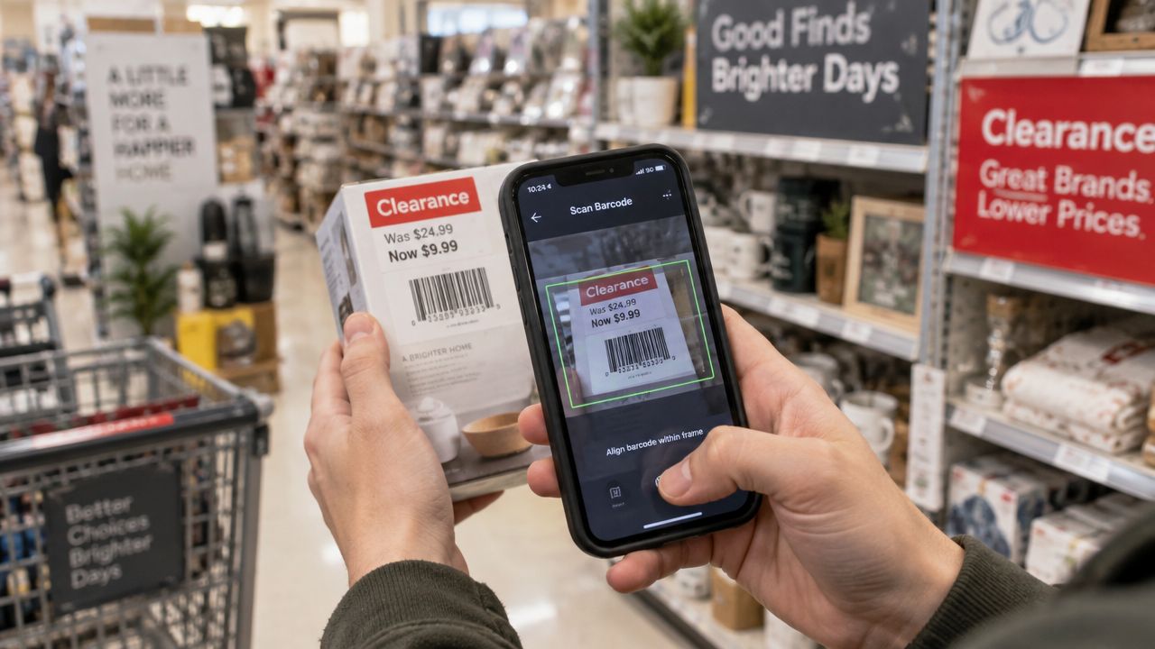 A person uses their smartphone to scan a clearance barcode on a product box in a retail store.