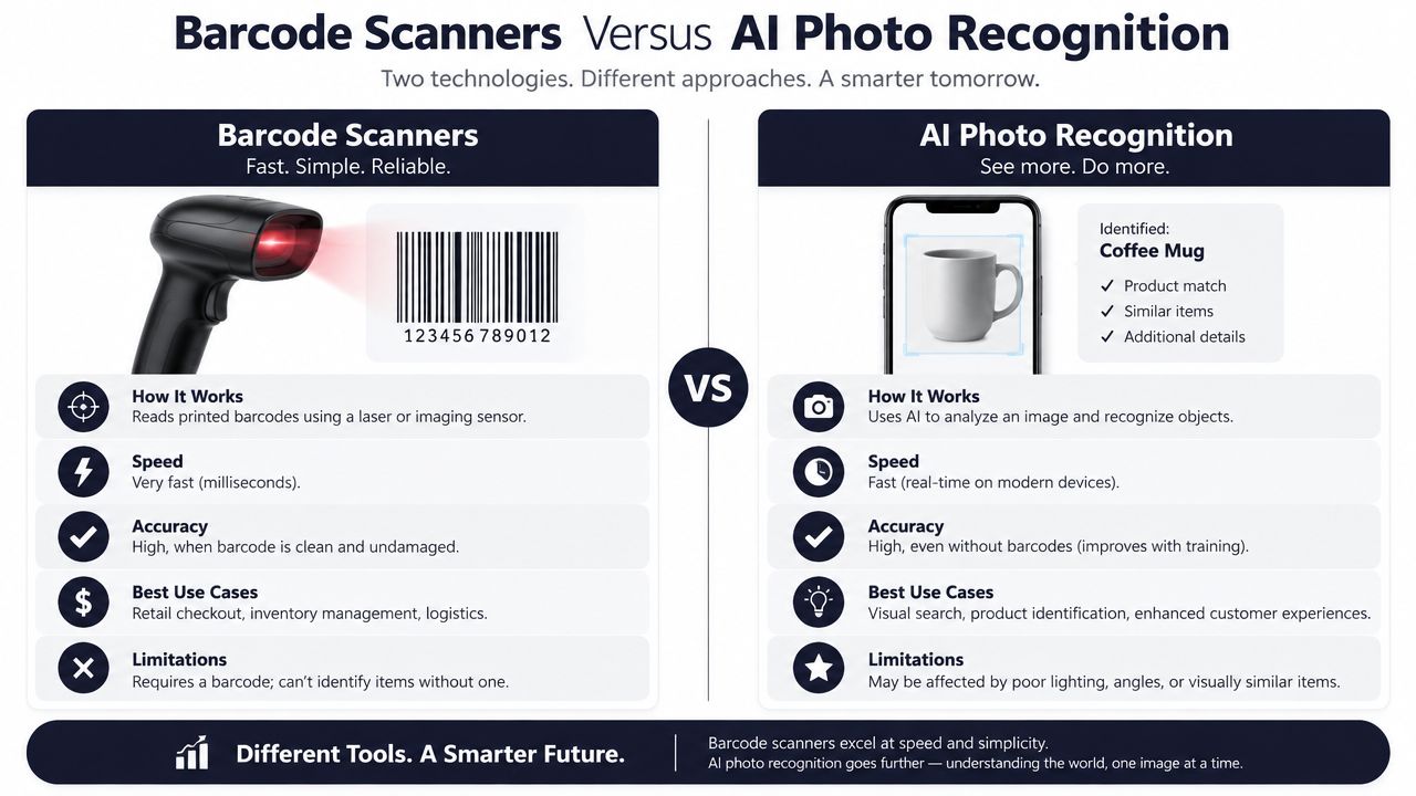 A comparison infographic between traditional handheld barcode scanners and modern AI-powered photo recognition technology for product identification.