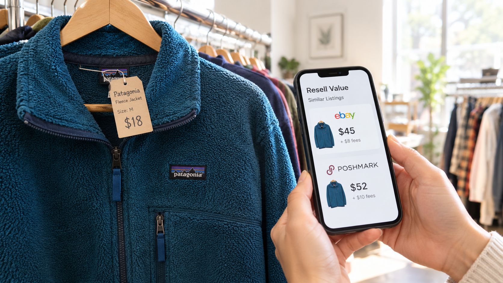 A person checking the potential resale value of a Patagonia fleece jacket using a smartphone application.