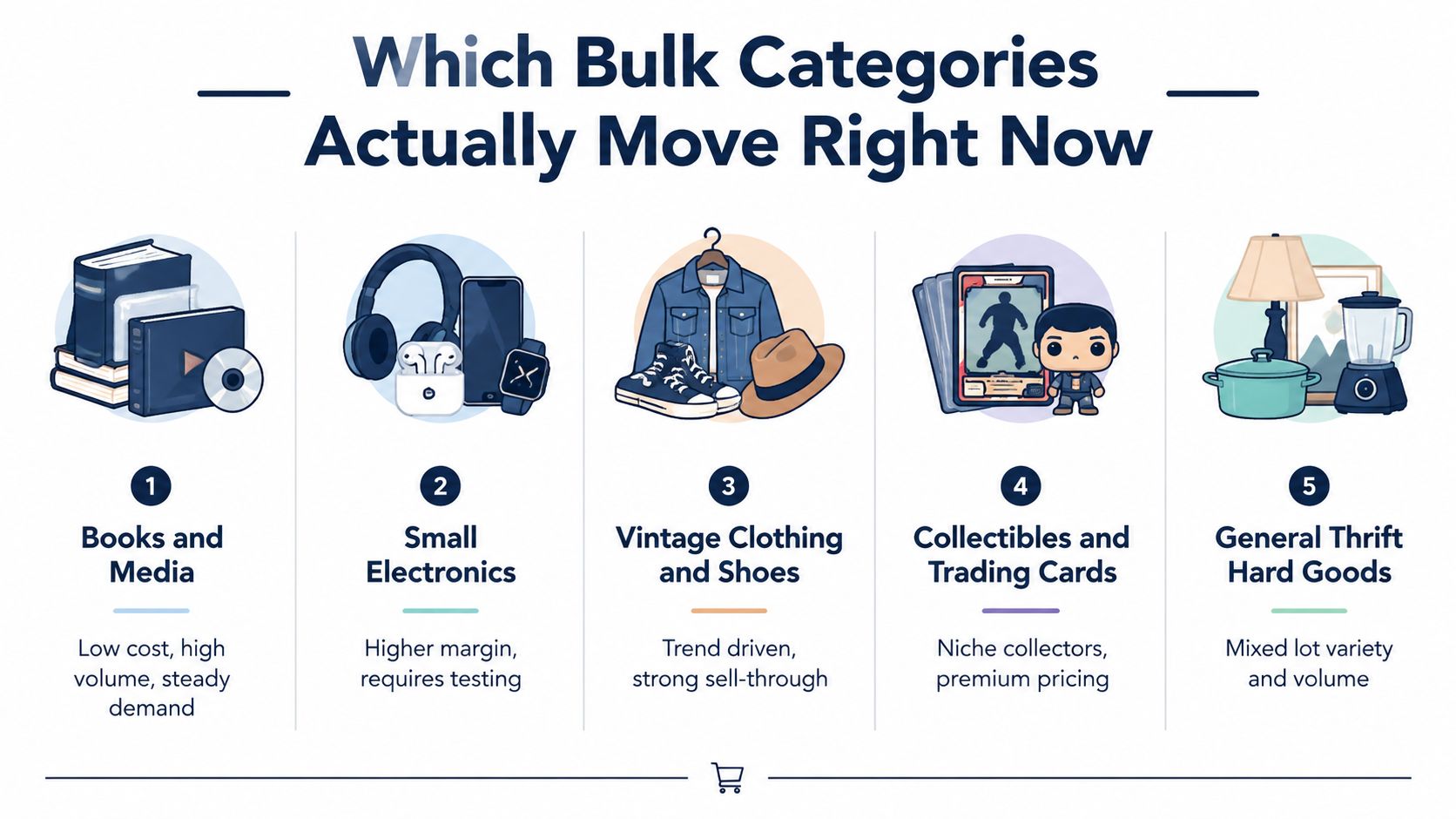 An infographic showing five profitable bulk categories for resale, including books, electronics, clothing, collectibles, and hard goods.