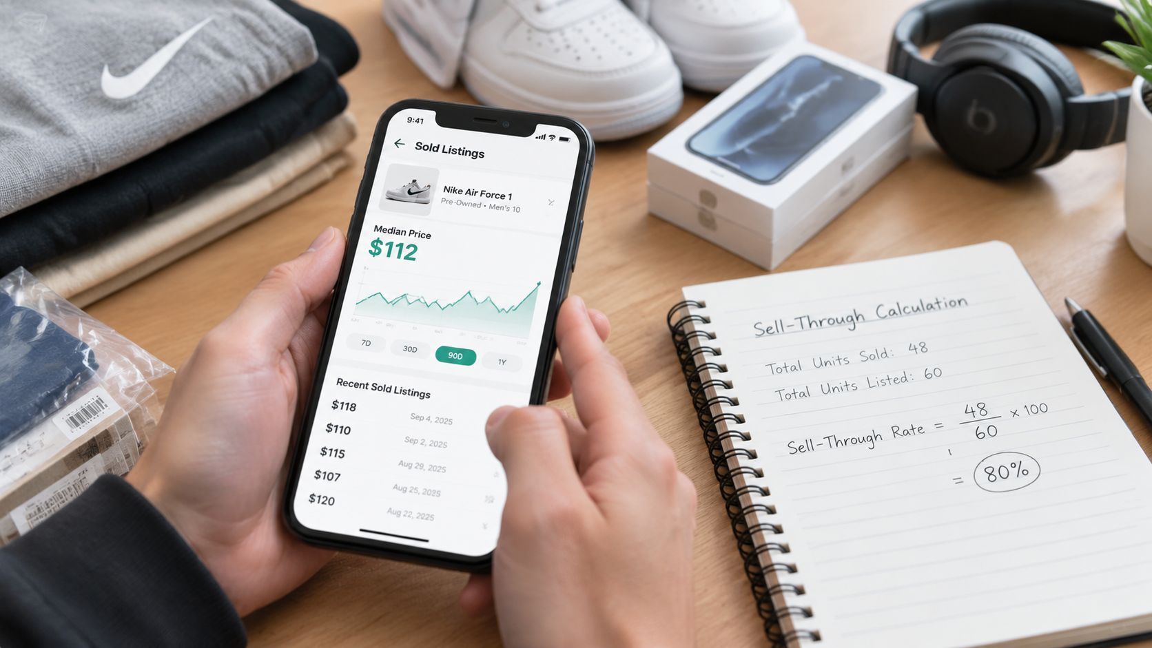 A person holding a smartphone showing sneaker resale data next to a notebook with sell-through calculations.