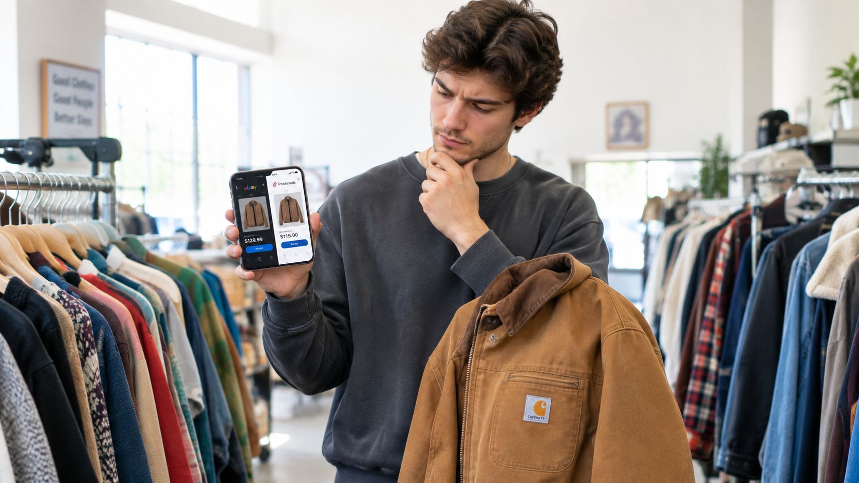 A man in a thrift store compares the price of a Carhartt jacket on his phone screen.