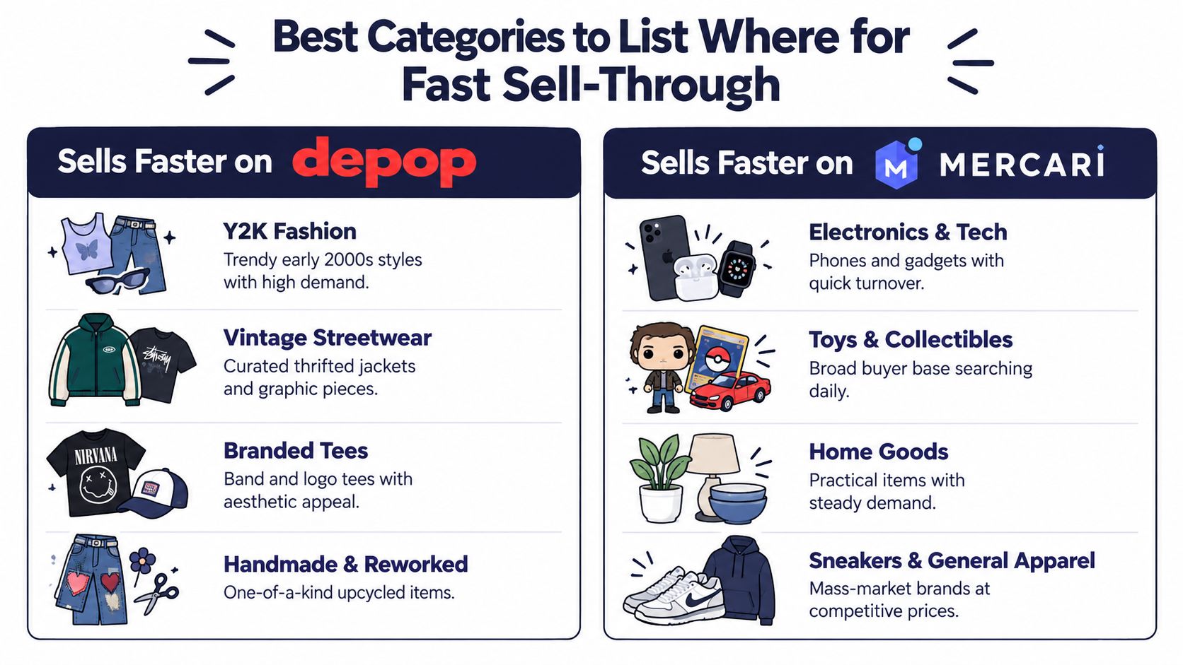 A comparison chart showing the best categories to sell items quickly on Depop versus Mercari online marketplaces.