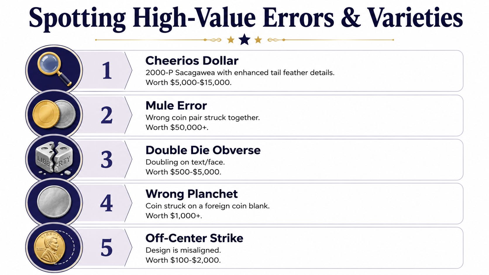 An infographic listing five types of valuable coin errors and varieties for coin collectors to identify.