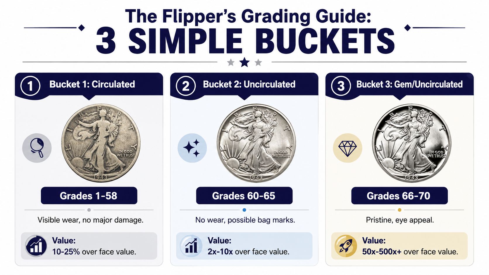 A guide illustrating three coin grading categories with representative images, grade ranges, and relative market values.