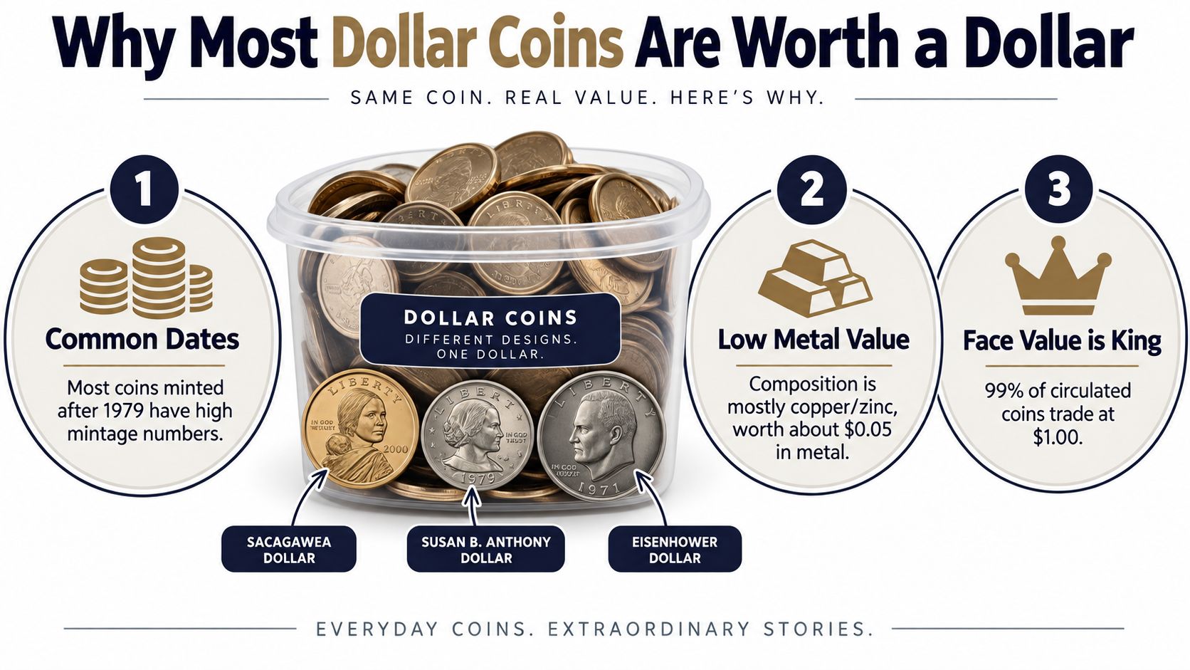 An infographic explaining why most dollar coins are worth only their face value of one dollar.