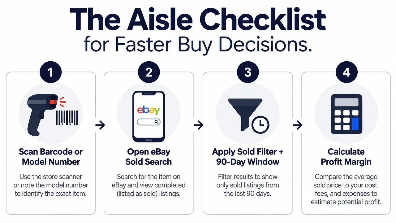 A four-step checklist for buying items to resell on eBay by checking sold listings and profits.