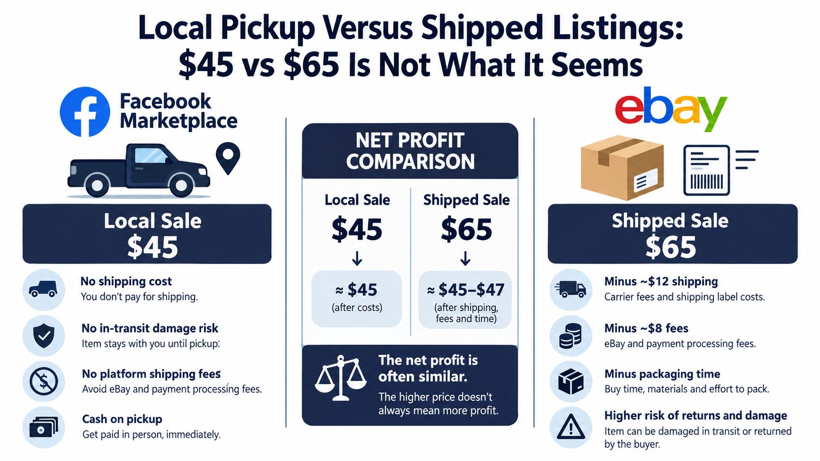 A comparative infographic showing the net profit differences between a Facebook Marketplace local pickup and an eBay shipped sale.