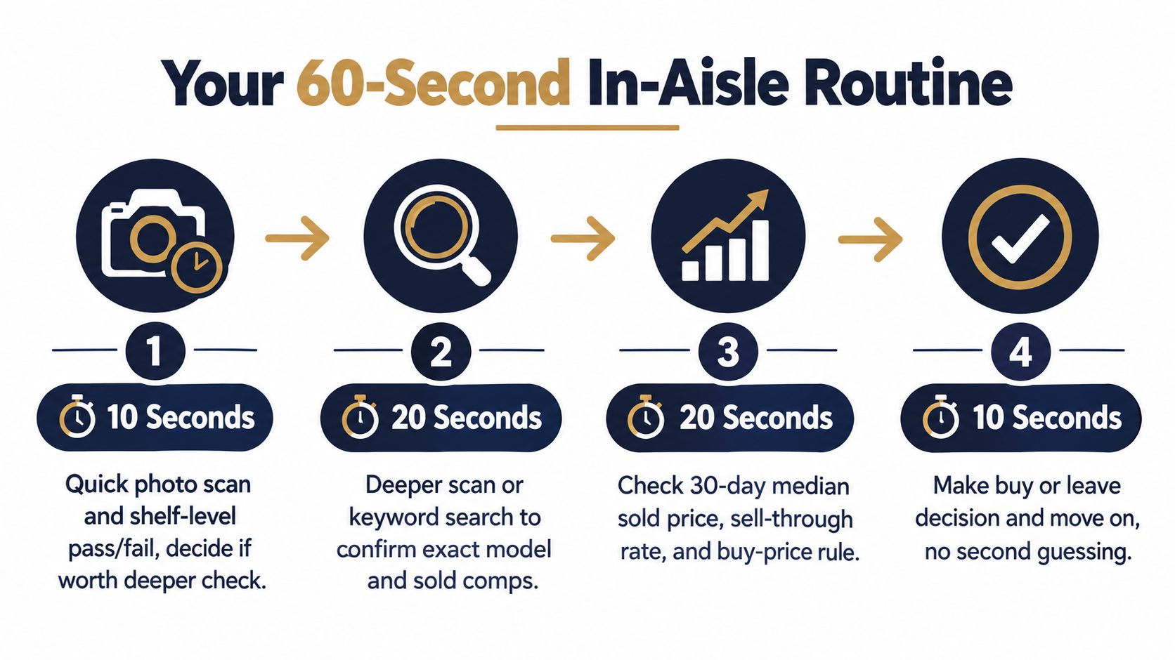 A step-by-step infographic titled Your 60-Second In-Aisle Routine, illustrating a four-step process for efficient retail product scanning.