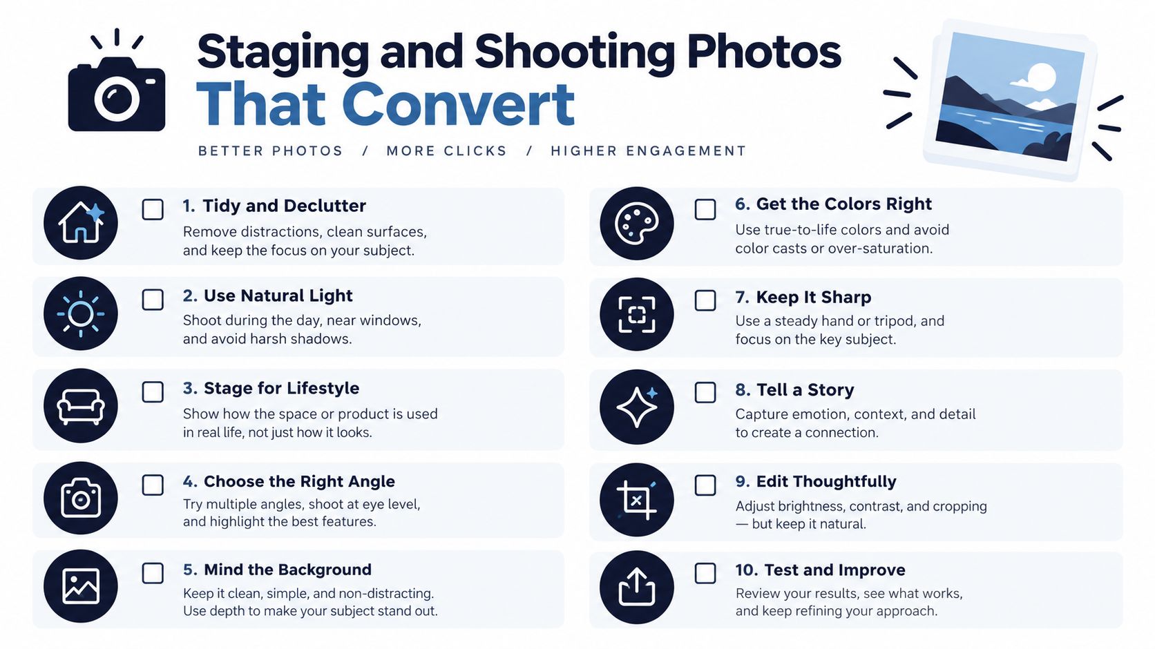 A checklist infographic titled Staging and Shooting Photos That Convert, offering ten tips for professional product photography.