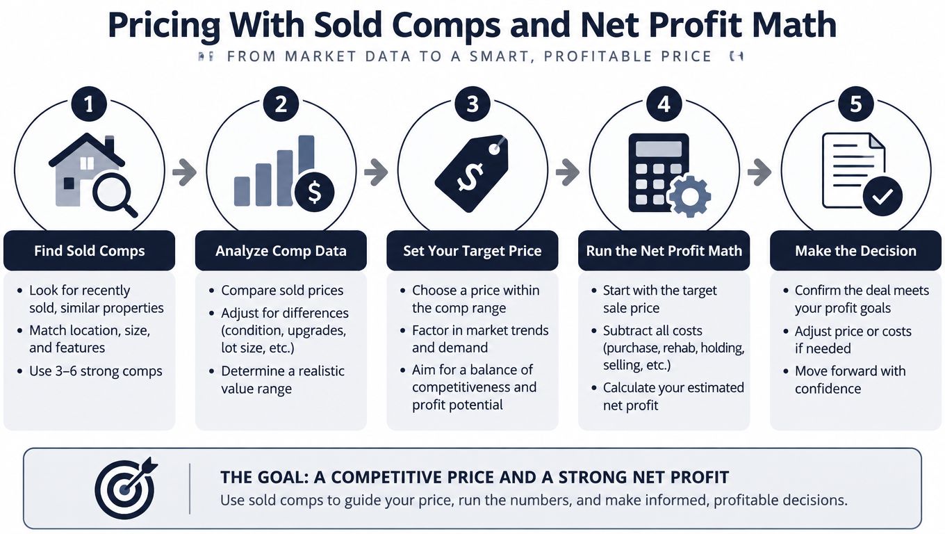 A five-step infographic showing how to price property using sold comps and net profit calculations.