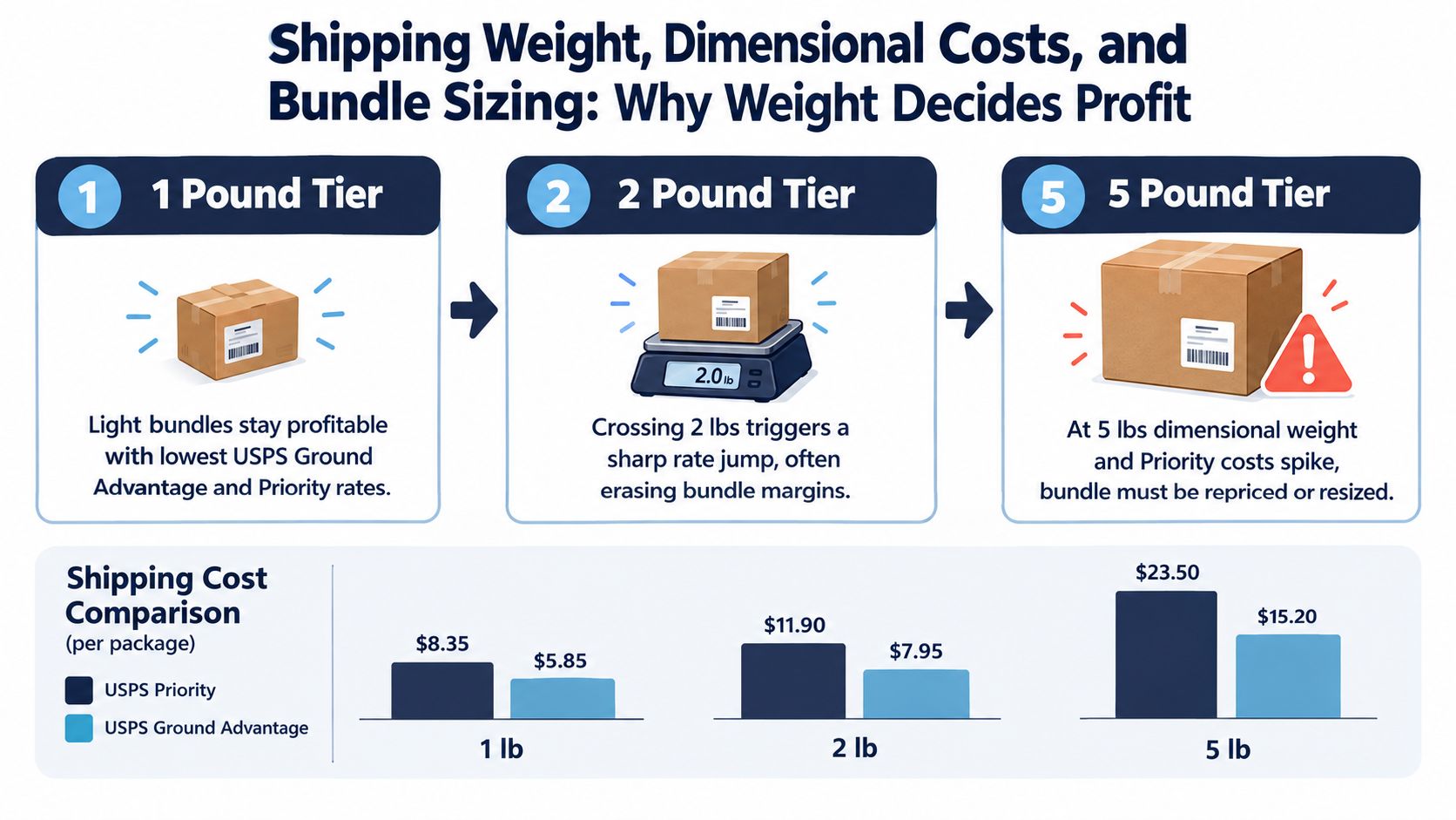 An infographic illustrating how package weight affects shipping costs across 1lb, 2lb, and 5lb tiers.