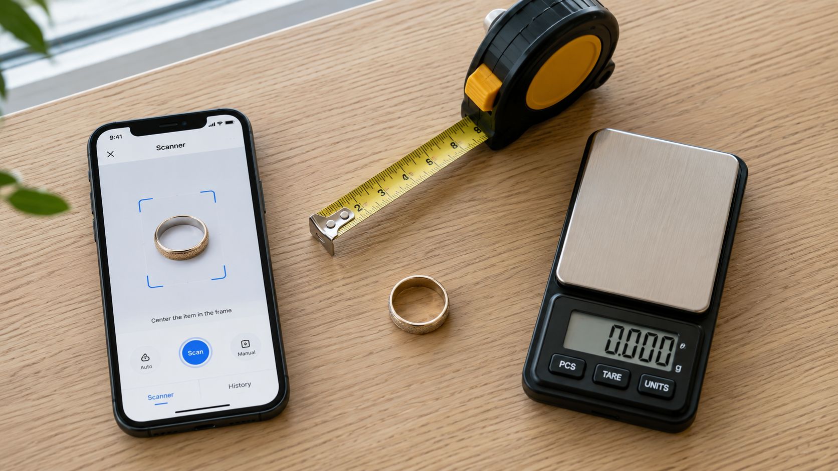 A smartphone, measuring tape, and digital scale on a wooden table to evaluate jewelry for reselling.