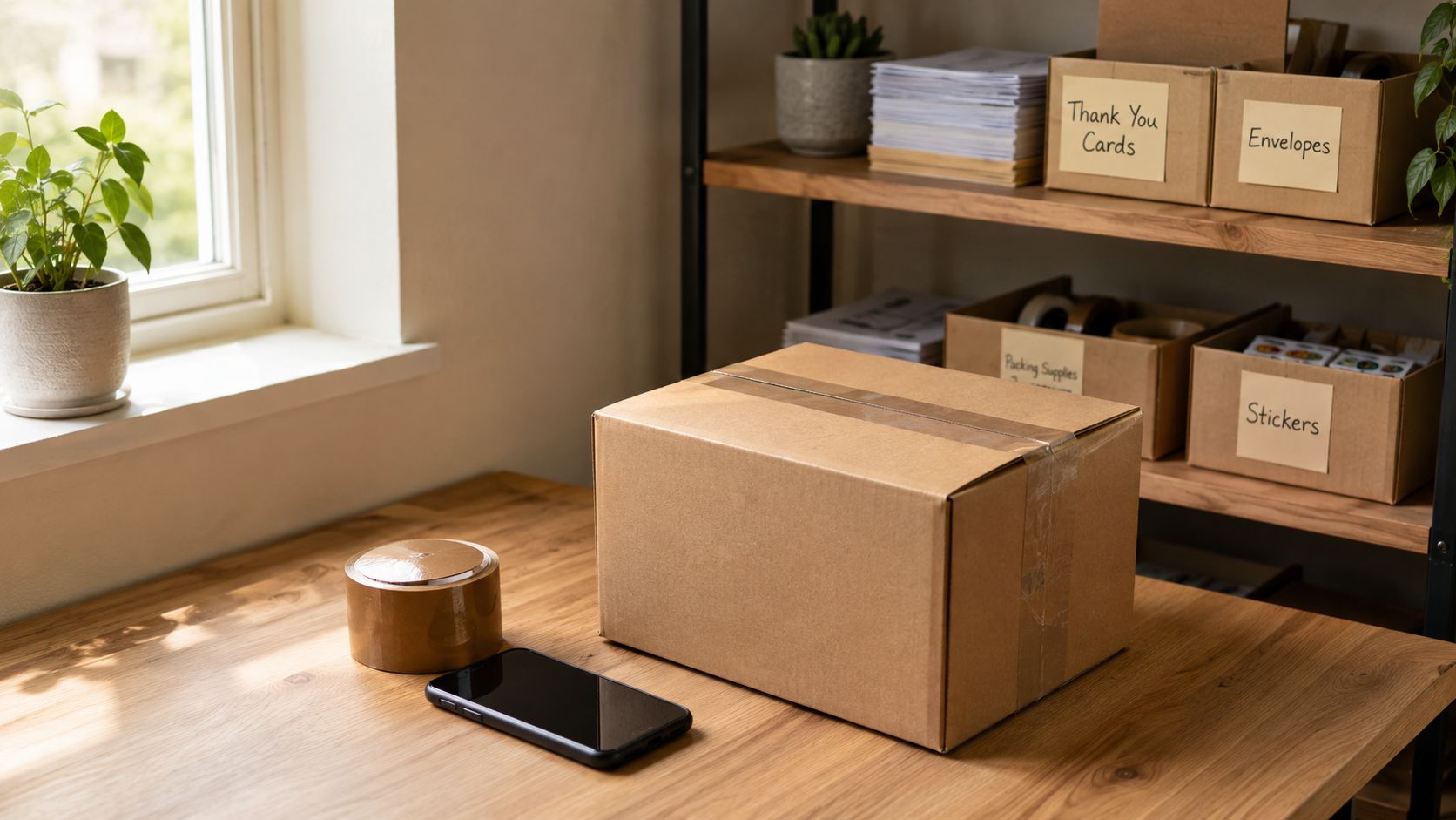 A cardboard shipping box on a wooden desk with a phone and tape for online reselling business.