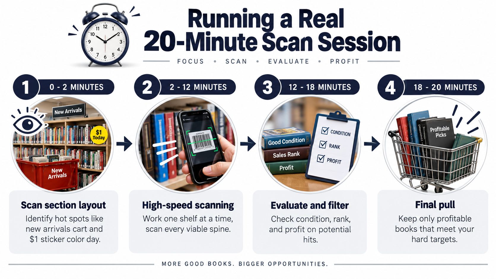 An infographic showing a four-step guide to scanning books at thrift stores in 20 minutes.